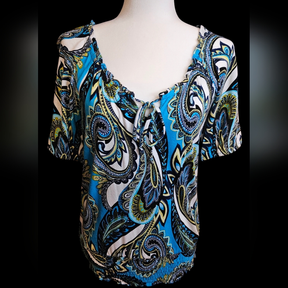 Vintage Y2K Apt. 9 Blue Paisley Smocked Boho Blouse Top S - Picture 2 of 9